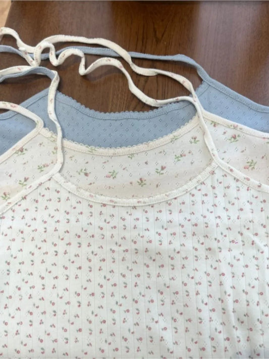 Floral Eyelet V-neck Halter Tank Tops Women Summer New Casual Sexy V-neck Slim Camisole Female Sweet Preppy Style Cute Crop Top