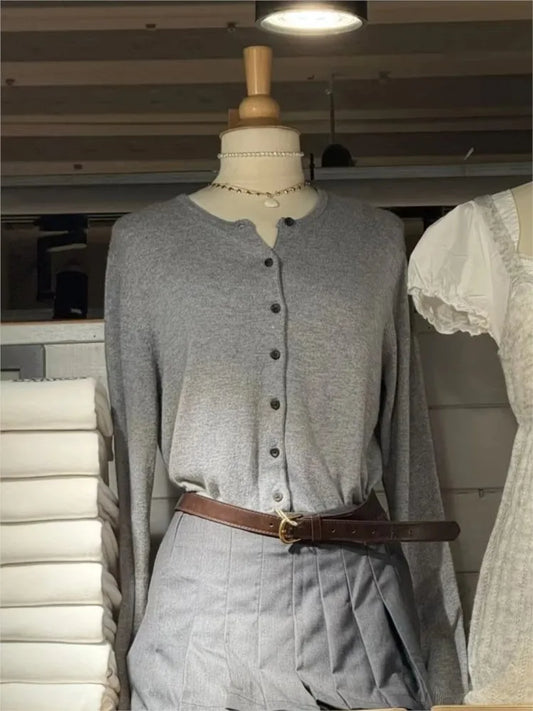 Autumn New Gray Slim Cardigans Women Chic Round Neck Long Sleeve Cotton Sweaters Female Vintage Casual Sweet Cardigan Tops Chic