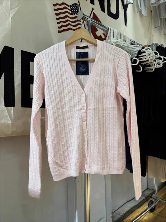 Sweet Pink Twist Cotton Long Sleeve Knitted Cardigan Women Simple V-neck Casual Preppy Style Jumper Prepppy Style Sweater Top