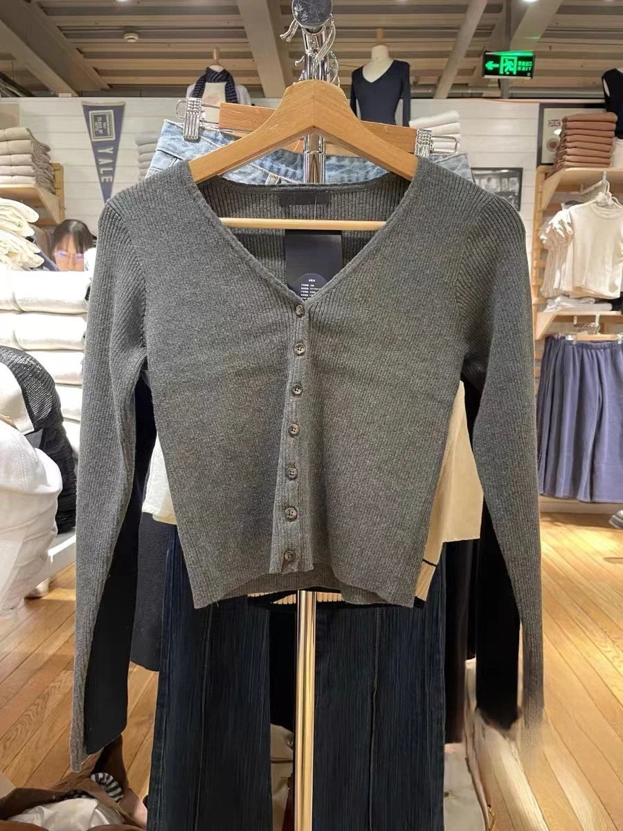 Solid Ribbed Knit Sweater Coat Women Autumn Cotton Soft Button Long Sleeve Jumper Tops Chic Slim Fashion Vintage Y2K Cardigans