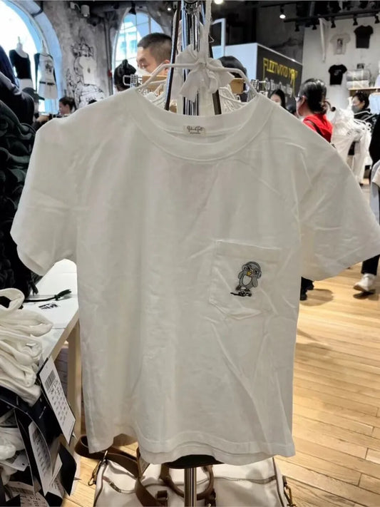 Angel Embroidery Pocket T-shirts Women Summer Casual Streetwear Cotton O-neck Short Sleeve Tees Sweet Cute Preppy Style Tshirts