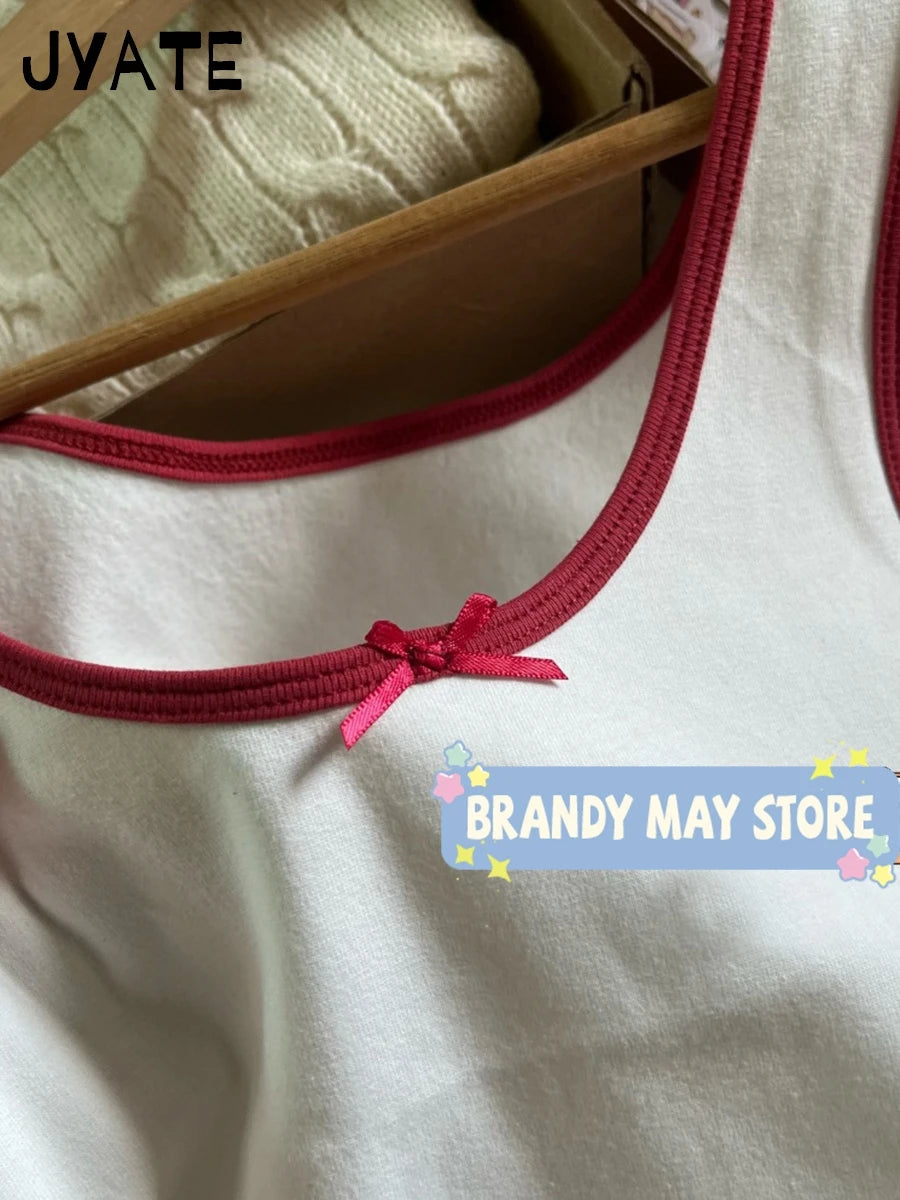 Sweet Bow U Collar Tank Tops Women Summer New Casual Streetwear Patchwork Sleeveless Vests Vintage Chic Preppy Style Camis Y2K