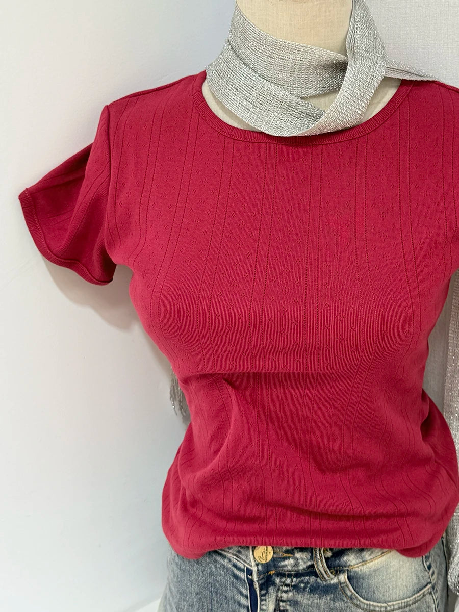 Red Eyelet O-neck Short Sleeve Tees Women New Casual Slim Cotton Simple Baisc Tops Vintage All-match T-shirts Y2K top
