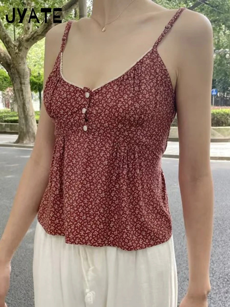 Retro White Lace Trim Blue Plaid Tank Tops Women New Buttons Back Lace-up Sleeveless Vests Vintage Chic Sweet Blouse Camis Y2K