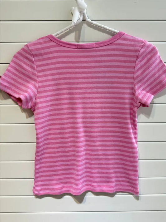 Pink Striped Buttons Short Sleeve Tee Women Summer New Cotton O-neck Slim Casual Simple T-shirts Sweet Cute Basic Tshirt Y2K Top