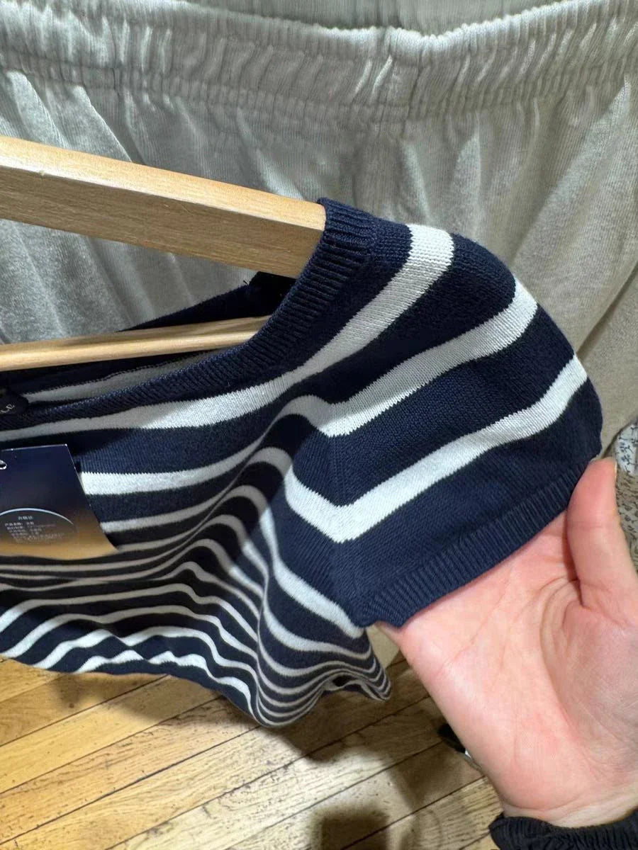Square Neck Striped Knitted Crop Tops Women Summer Casual Slim Sweater Short Sleeve Tops Vintage Chic Preppy Style T-shirts Y2k