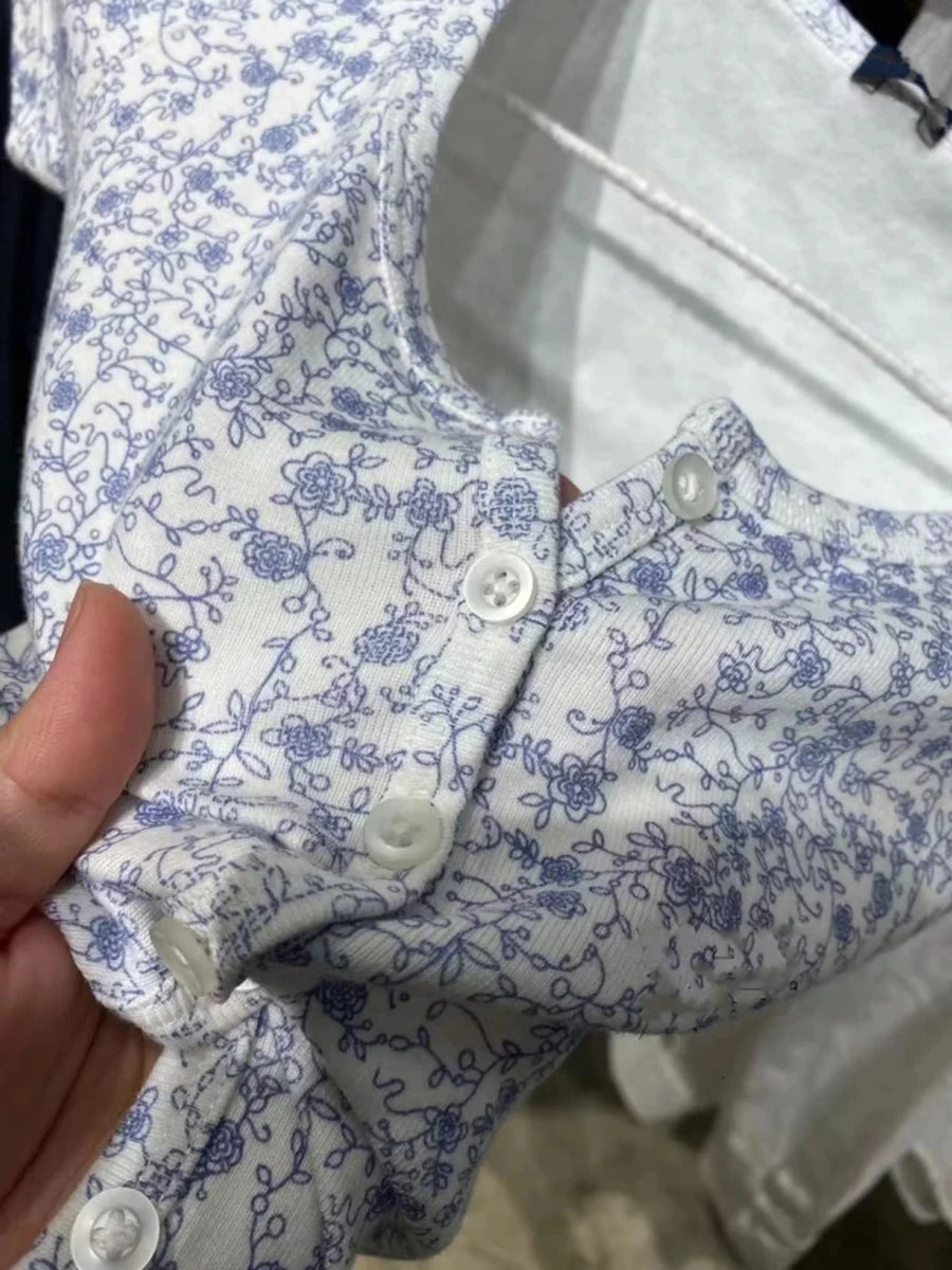 Sweet Floral Print O-neck Cotton Short Sleeve Tee Women New Casual Slim Single-breasted Crop Tops Vintage Cute Chic Y2K T-shirts
