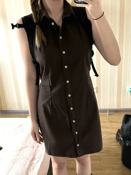 Coffee Striped Mini Blouse Dress Women New Cotton Turn-down Collar Single Breasted Short Vestidos Y2K Sweet Preppy Style Dresses