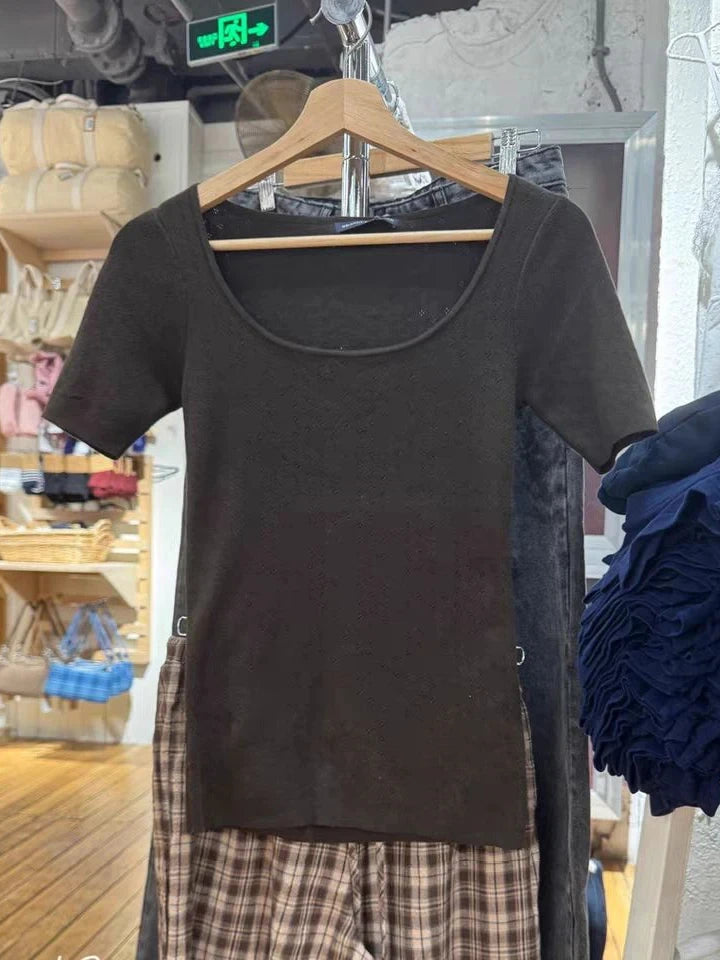 Yellow Eyelet Short Sleeve Tees Women Summer New Cotton Soft Casual Simple Square Collar T-shirts Preppy Style Sweet Cute Tops
