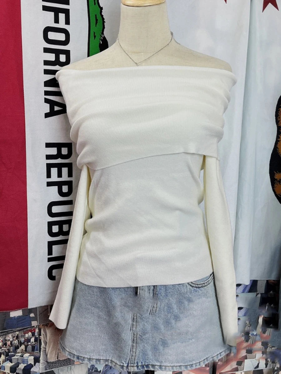 Gray Simple Knitted Long Sleeve T-shirts Women Autumn Soft Cotton Sexy Slash Neck Slim Tees Sweet Streetwear Sweet Tshirts Y2K