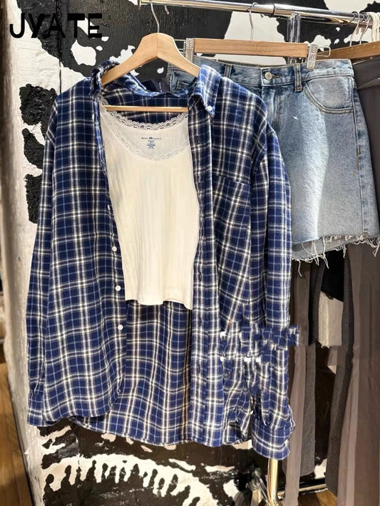 American Navy Plaid Long Sleeve Tees Blouse Women New Loose Casual Single-breasted Lapel Tops Vintage Chic Simple T-shirts Y2K