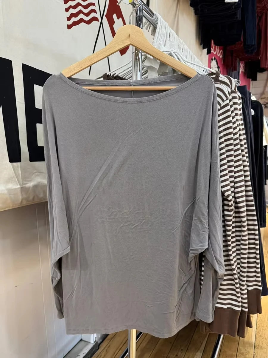 Black Long Batwing Sleeve T-shirts Women Elegant Sweet Slash Neck Cotton Tee Shirts Vintage Simple All-match Tshirts Y2k Tops