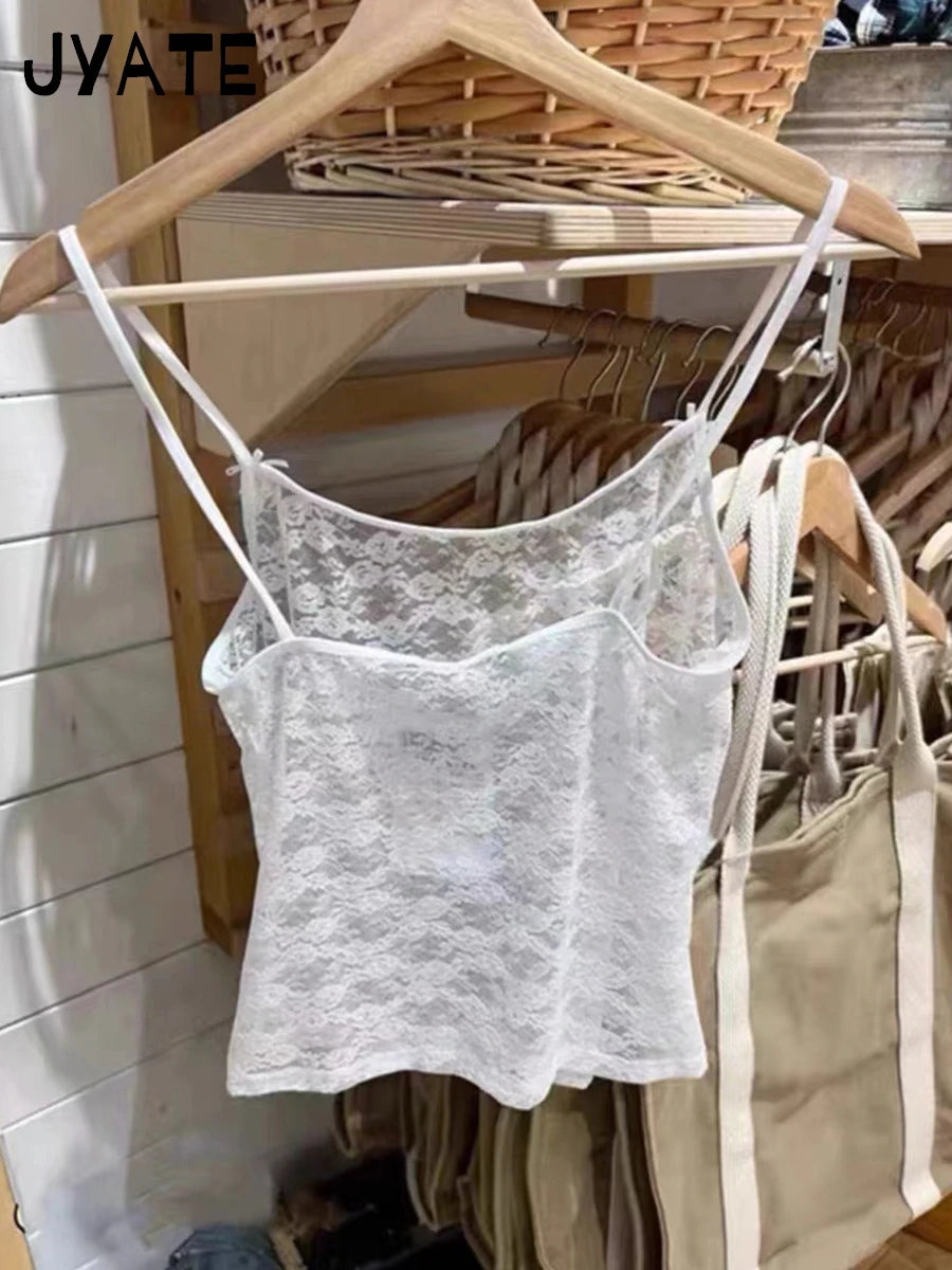 White Bow Lace Sheer Slim Tank Tops Women Summer New Sexy All-match Smock Preppy Style Crop Top Sweet Cute Y2K Camisole Clothes