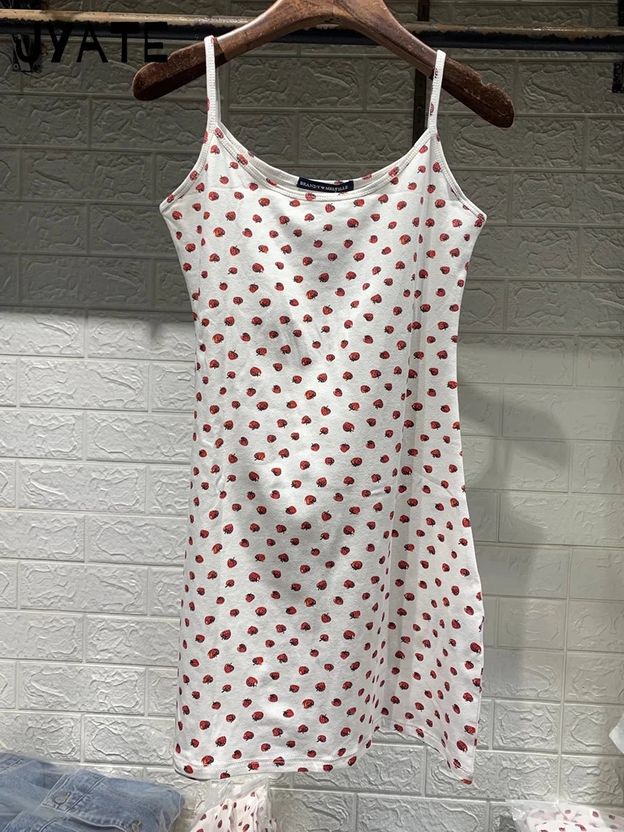 Sweet Strawberry Print Slim Mini Dress Women Summer New Street Preppy Style Cotton Sleeveless Vestidos Cute Chic Vintage Dresses
