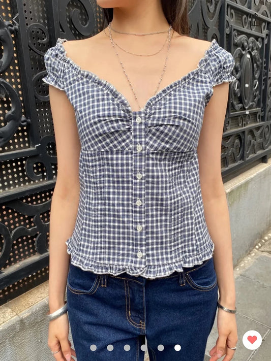Dark Blue Folds Ruffle Sleeveless Blouse Top Women Summer Casual Single Breasted Tank Tops Vest Vintage Chic Simple Camisole Y2K