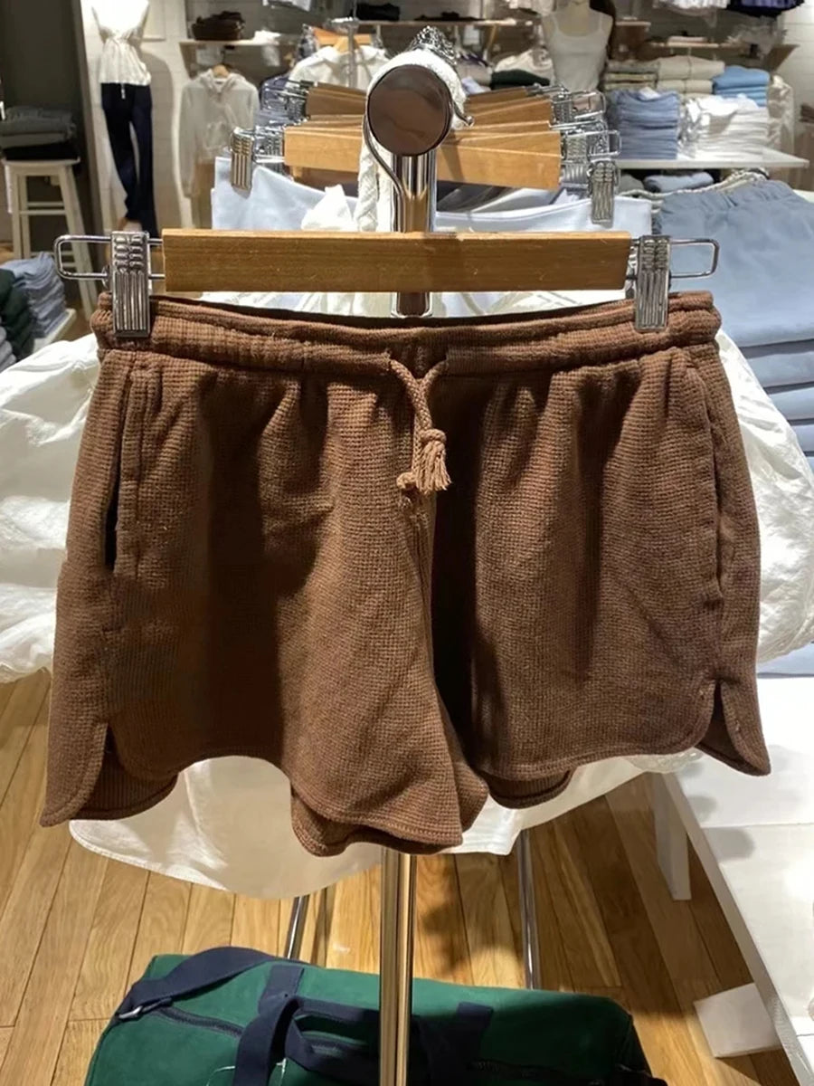 Sweet Pink Waffle Sports Shorts Women New Casual Pockets Drawstring Elastic High Waist Short Cute Preppy Style Short Pants Y2K