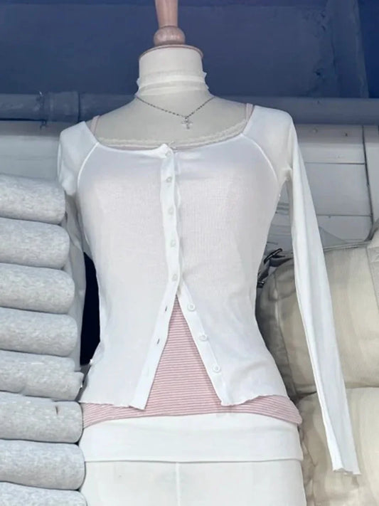 White Square Neck Slim Long Sleeve T-shirt Women Simple Basic O-Neck Single Breasted Cotton Tees Chic Sweet Tshirt Y2K Tops New