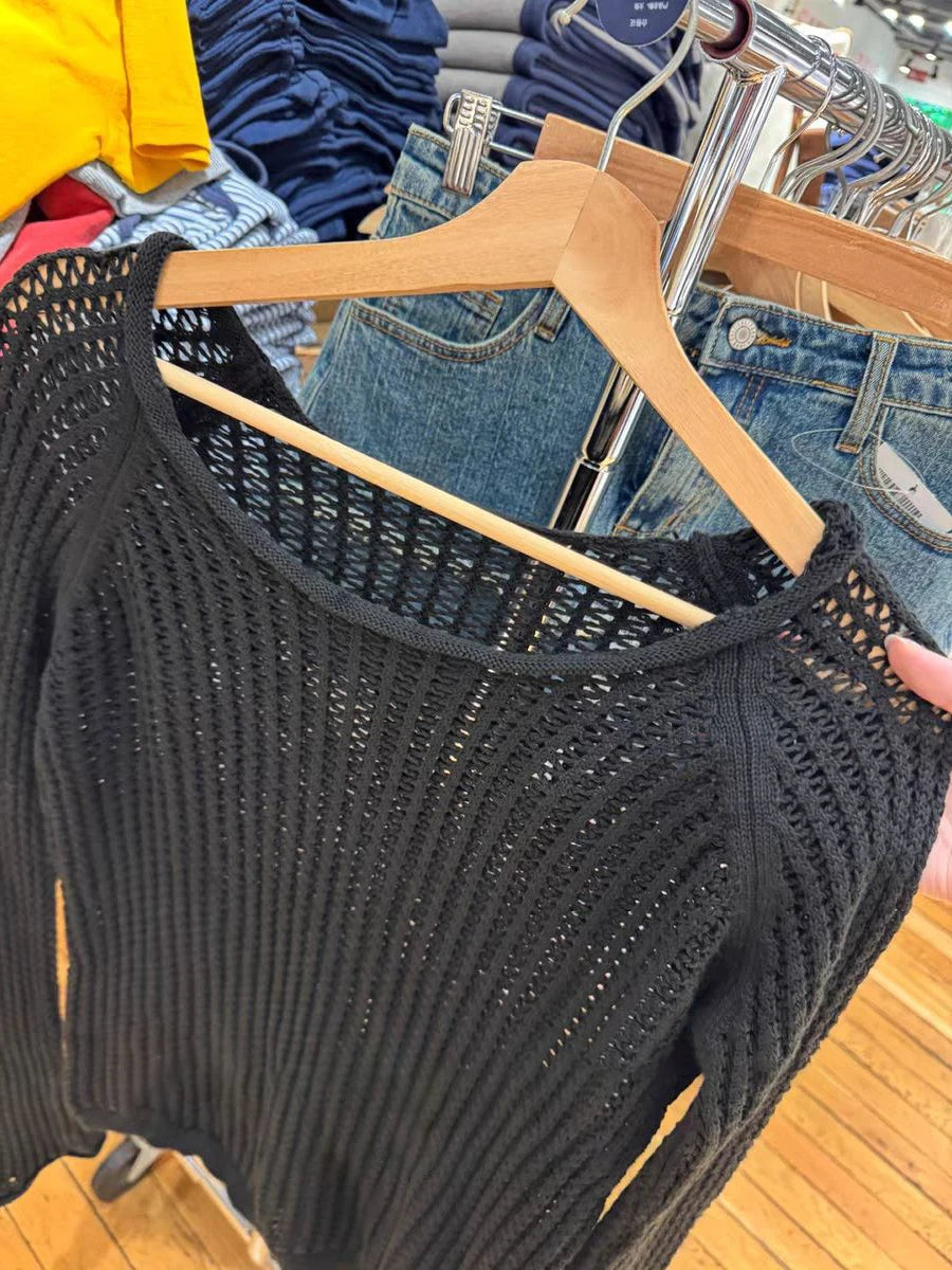 Black Hollow Out Slim Long Sleeve Tee Women Summer New Scoop Neck Transparent Smock American Tops Cute Vintage Sexy Y2K T-shirts
