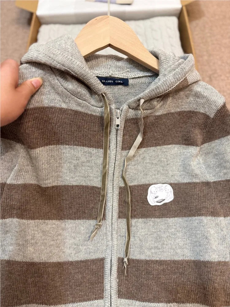 Vintage Gray Striped Cotton Sweater Cardigan Women Autumn Long Sleeve Zipper Knitted Hoodie Preppy Style Chic Sweaters Hooded