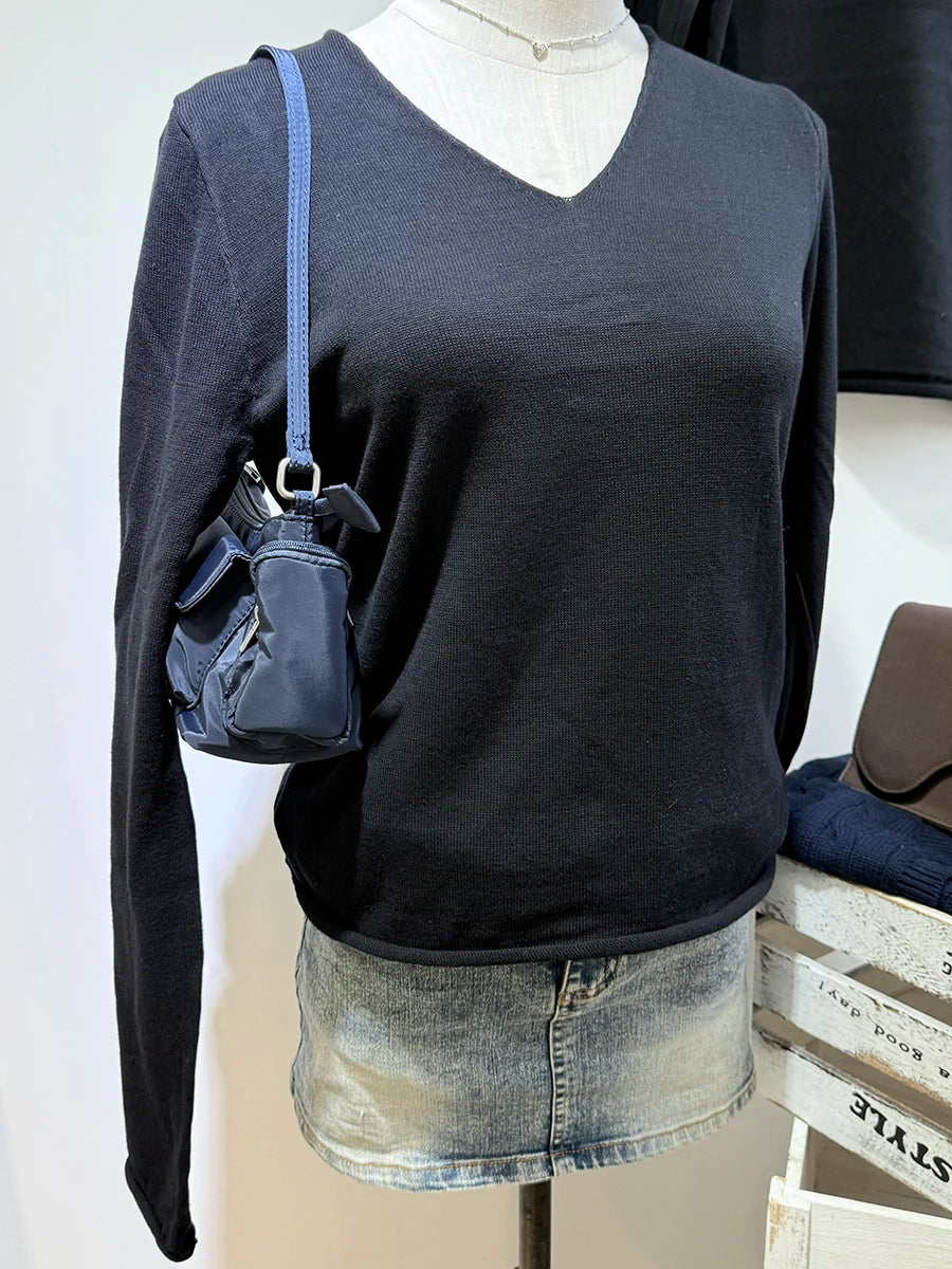 Fashion Navy Blue Cotton Knit T-shirts Women Spring Casual Streetwear Basic Raw Hem Long Sleeve Tee Female Vintage Chic Y2K Tops