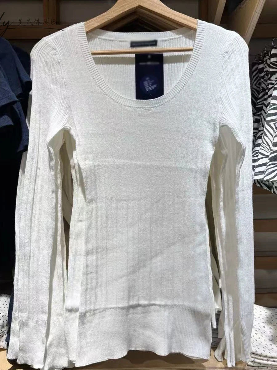 Navy Simple Knit Slim T-shirt Women Autumn New Fashion U-neck Cotton Long Sleeve Tees Preppy Style Chic Casual T Shirt Y2K Top