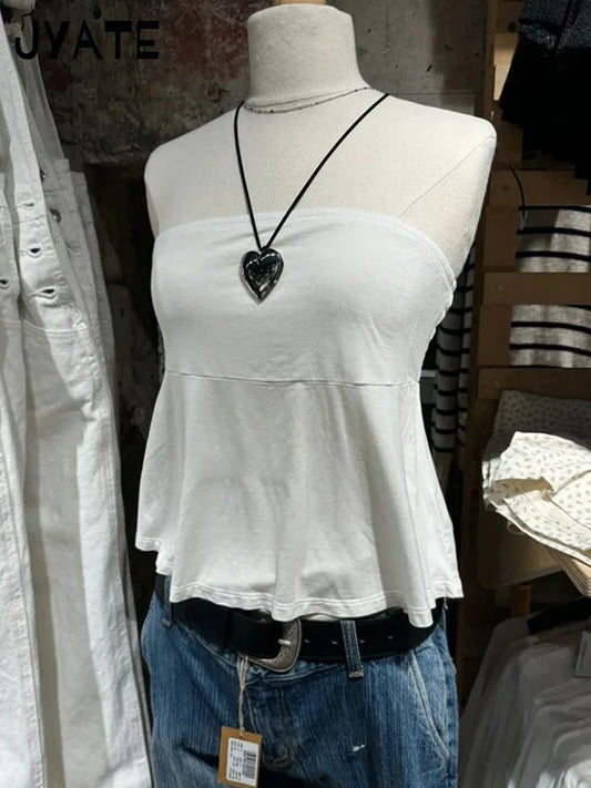Sweet White Folds Strapless Tank Tops Women Summer New Simple Basic Cotton Soft Cropped Vests Vintage Cute Casual Camisole Y2K