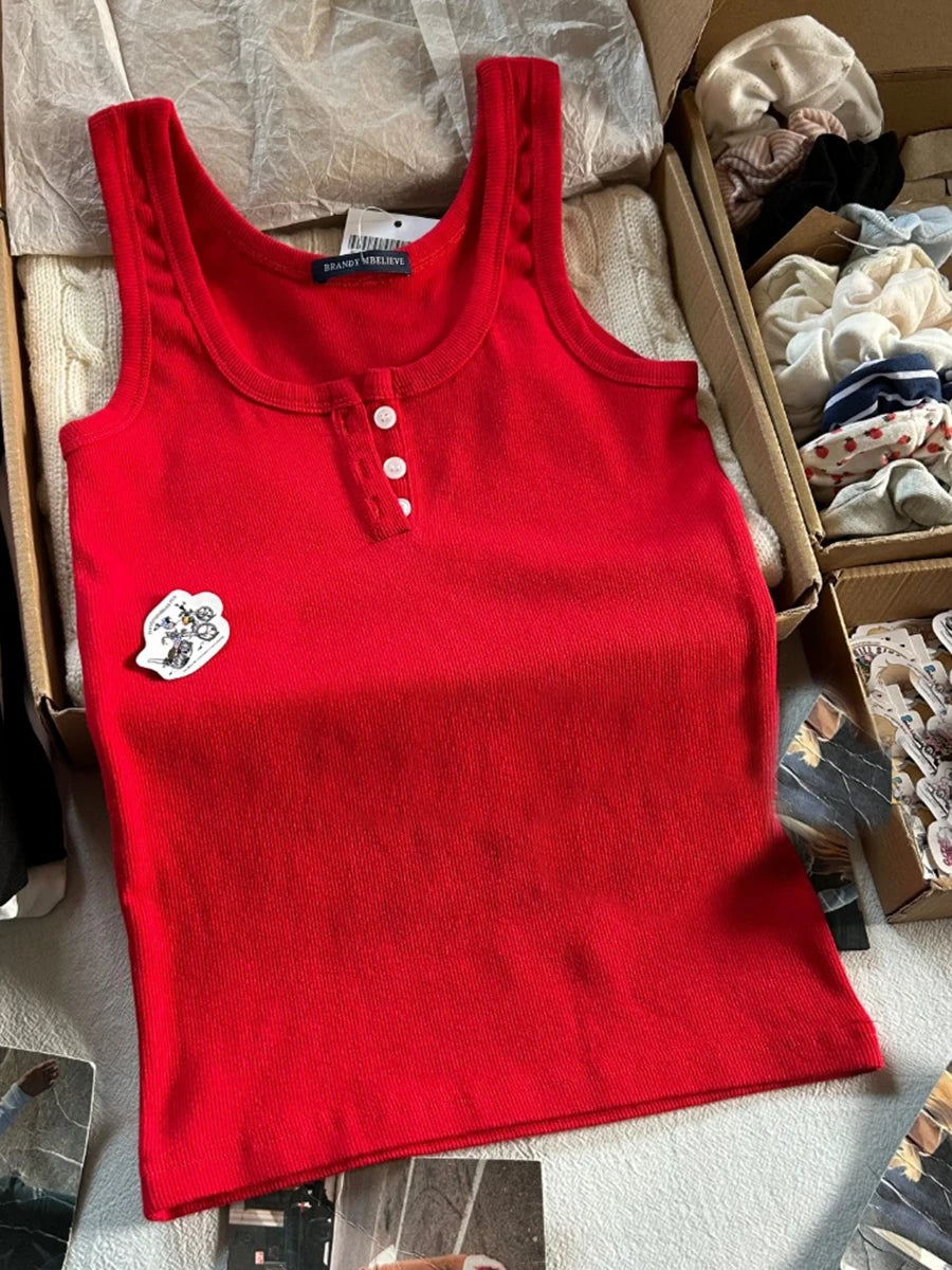 Red Vintage Buttons Slim Vests Women Summer Cotton Simple Basic Casual Sleeveless Tank Tops Sweet Streetwear Chic Cute Camis Y2K