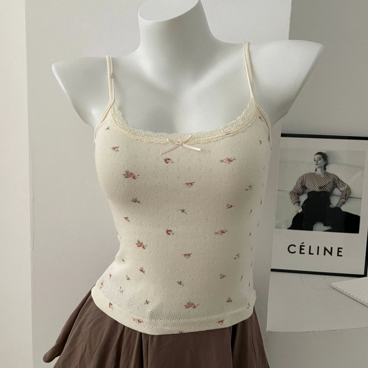 Sweet Floral Lace Trim Eyelet Tank Tops Women New Summer Cotton Bow Slim Preppy Style Cropped Vests Cute Preppy Style Chic Camis