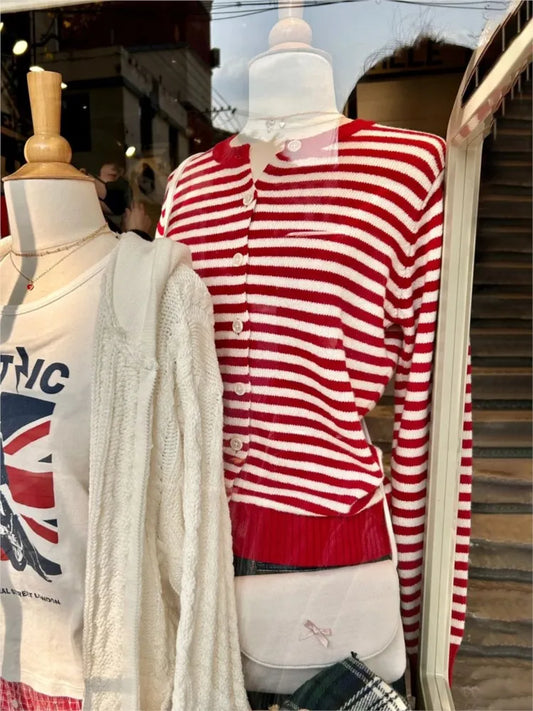 Sweet Red Striped Knitted Sweater Cardigan Women Round Neck Single Breasted Cotton Knitwear Preppy Style Sweaters Coat Tops Y2K