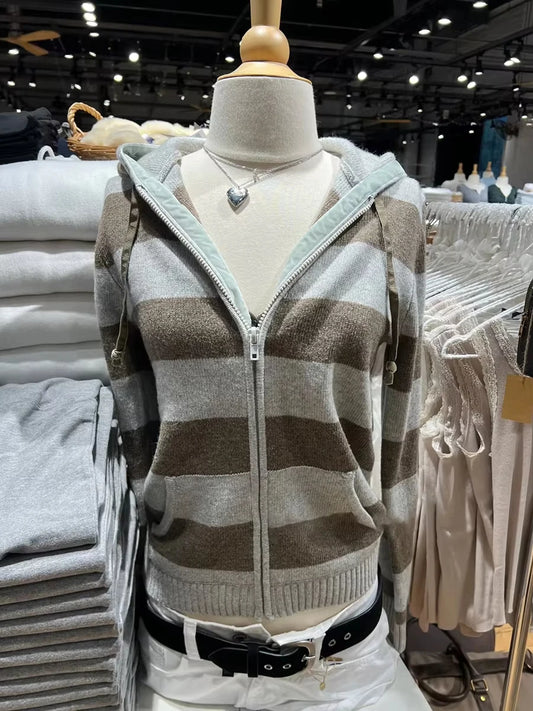 Vintage Gray Striped Cotton Sweater Cardigan Women Autumn Long Sleeve Zipper Knitted Hoodie Preppy Style Chic Sweaters Hooded