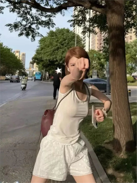 White Bow U-neck Tank Tops Women Summer New Cotton Slim Simple Basic Sleeveless Tops Sweet All-match Vintage Vests Clothes Y2K