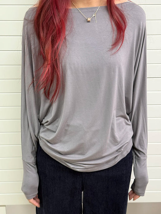 Cement Gray Long Batwing Sleeve T-shirts Woman Sexy Slash Neck Cotton Tee Shirts Female Casual Simple All-match Tshirts Y2k Tops