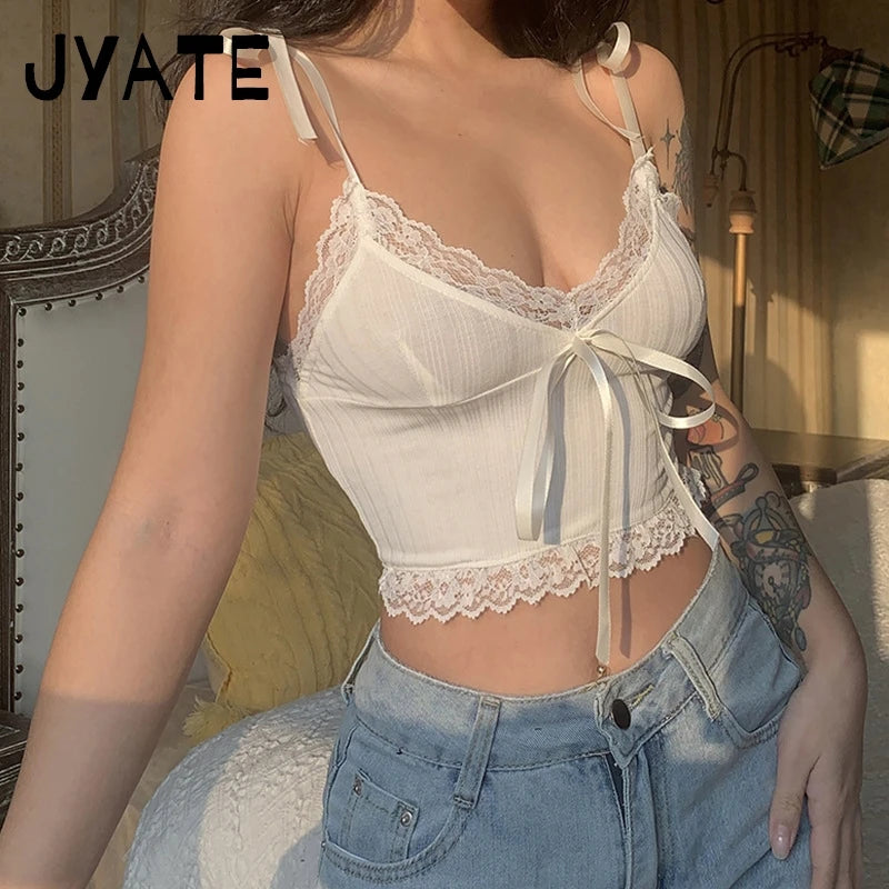 White Lace Trim Straps Tank Tops Women New Cotton Streetwear Sexy V-neck Slim Bow Cropped Vests Sweet Cute Vintage Camisole Y2K