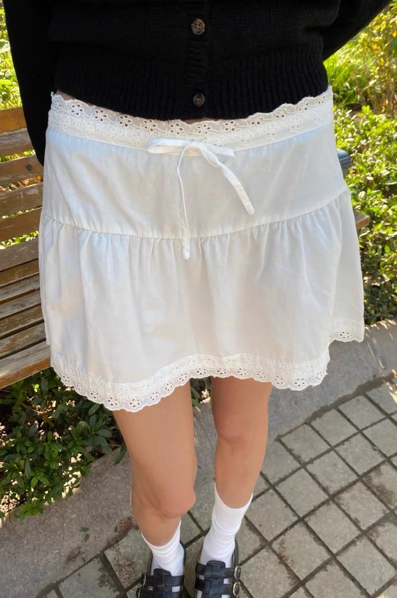 Lace-up A-line Shirks Women New Cotton High Waist Elastic Ruffles Hem Sweet Mini Skirts Vintage Cute Streetwear Chic Falda