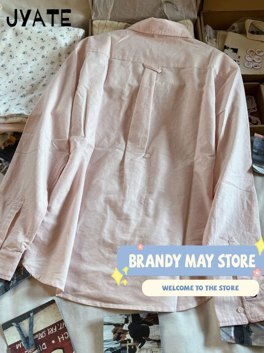 New Sweet Pink Striped Loose Blouse T-shirts Women Summer Casual Cotton Turn-down Collar Tees Preppy Cute Vintage Y2K Crop Tops