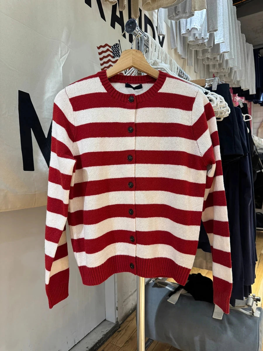 Sweet Red Striped Knitted Sweater Cardigan Women Round Neck Single Breasted Cotton Knitwear Preppy Style Sweaters Coat Tops Y2K