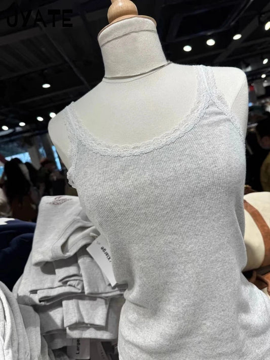 New Lace Trim Gray Ribbed Cotton Tank Tops Women Summer Sexy Slim Roll Hem Sleeveless Vests Sweet Cute Vintage Basic Camis Y2K