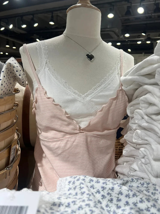 Ruffles Pink Striped Tank Tops Women Summer New Cotton V-neck Sleeveless Slim Cropped Camisole Sweet Preppy Style Y2K Crop Top