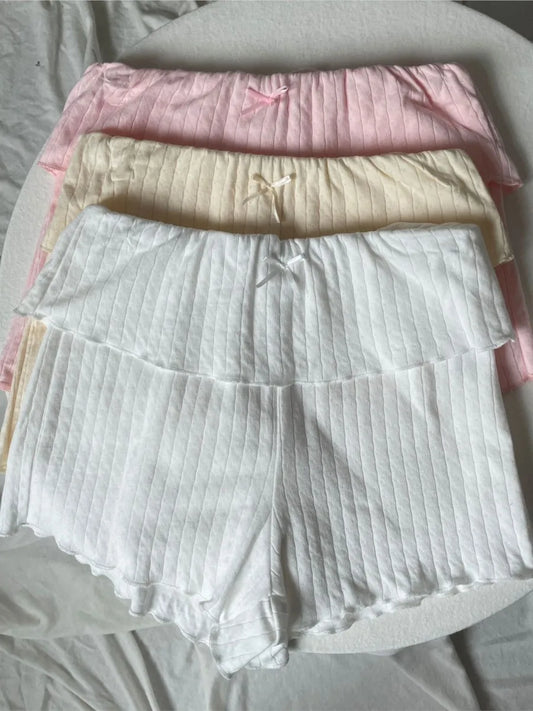 Cute Bow Eyelet Flange Shorts Women Spring Solid Elastic Waist Cotton Straight Short Pants Sweet Home Underwear Y2K Sweatshorts