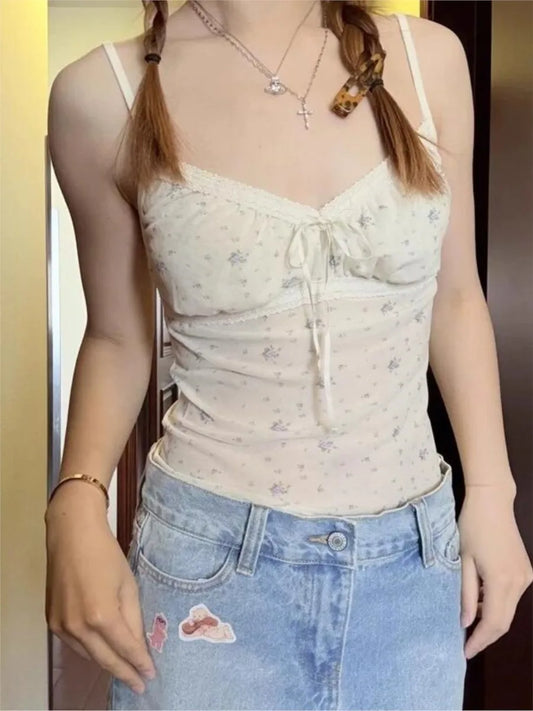 Blue Floral Folds V-neck Tank Tops Women Summer New Sexy Beige Slim Lace-up Sleeveless Vests Sweet Cute Preppy Style Camisole