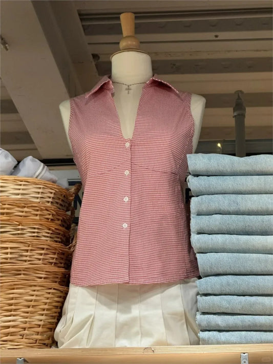 Pink Blouse T-shirts Women Summer Casual Slim Turn-down Collar Sleeveless Tees Cute Sweet Preppy Style Y2K Crop Tops New
