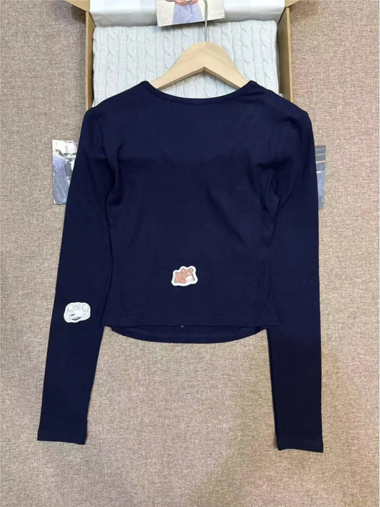 Navy Buttons V-neck T-shirts Women Autumn New Casual Cotton Slim Patchwork Long Sleeve Tees Fashion Chic Vintage Tshirt Y2K Tops