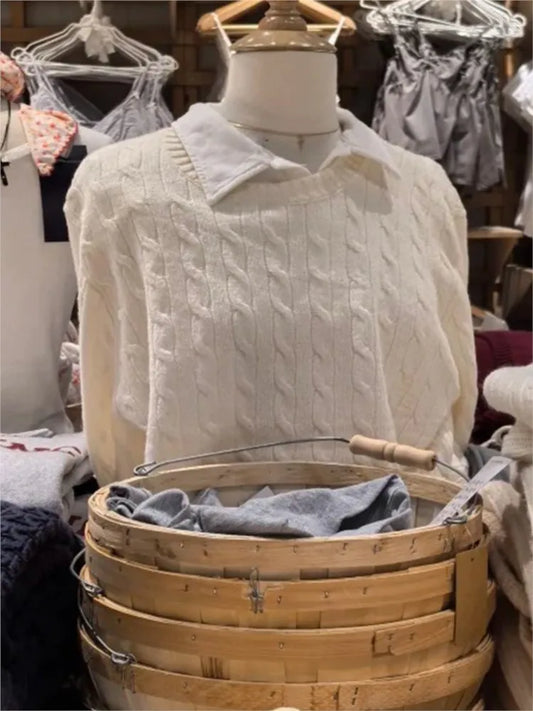 Beige Twisit O-neck Knitted Sweater Women Autumn New Casual Loose Long Sleeve Pullover Tops Simple Preppy Style Jumper Sweaters