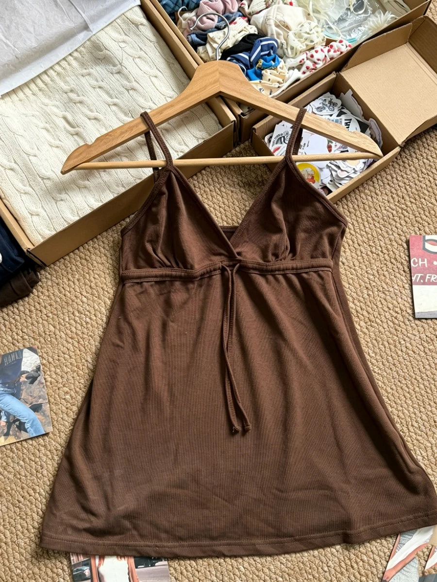 Sweet Lace-up Camisole Women Summer Streetwear Simple Basic Deep V-neck Sleeveless Vests Vintage Cute Cotton Tank Tops Y2K