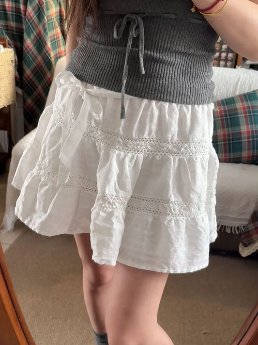 White Lace Embroidery A-line Skirts Women Cotton High Waist Elastic Ruffles Hem Sweet Mini Skirts Sweet Vintage Cute Chic Falda