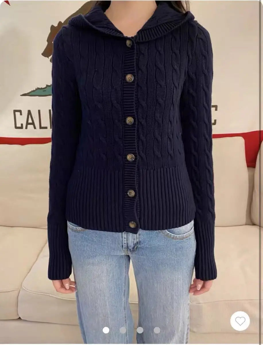 Twist Flower Beige Buttons Slim Sweater Women Autumn Pocket Hooded Long Sleeve Knitted Hoodie Sweet Preppy Style Simple Sweaters