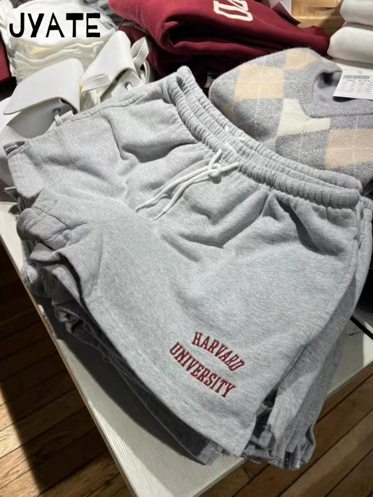 Red Letter Embroidery Short Pants Women Cotton Gray Casual Pockets High Waist Drawstring Shorts Vintage Chic Preppy Sweatshorts