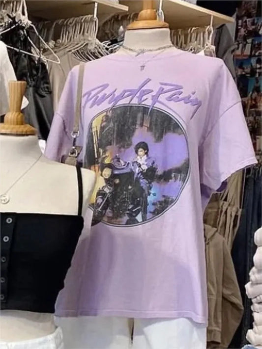 Purple Harley Motorcycle Print T-shirts Women Summer Casual Cotton O-neck Short Sleeve Tees Vintage Streetwear Chic Tee Y2K Tops