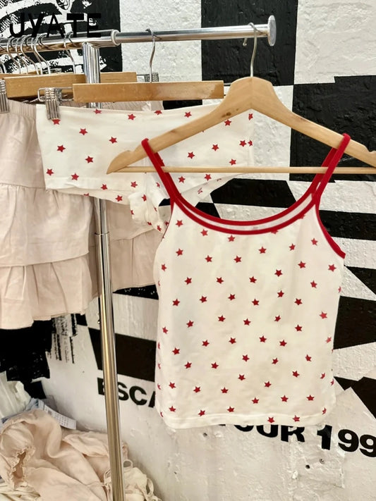Sweet Red Stars Print Sleeveless Vests Women Summer New Cotton Casual Slim Preppy Style Tank Tops Cute Streetwear Vintage Camis