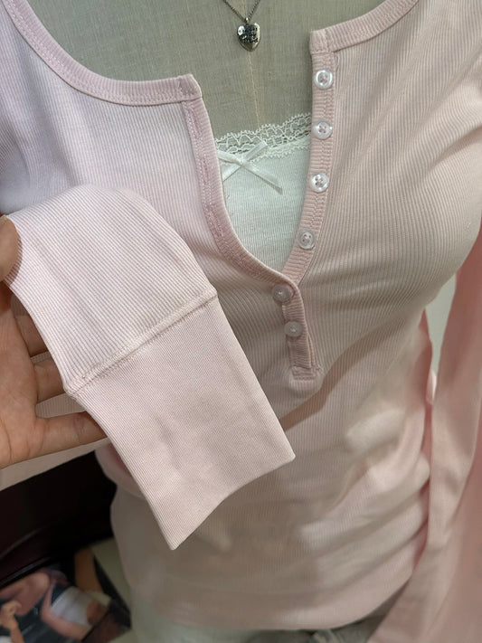 Buttons Ribbed Long Sleeve Tees Women Spring New Casual Simple Basic Cotton Slim Zelly Tops Pink Sweet Preppy Style T-shirts